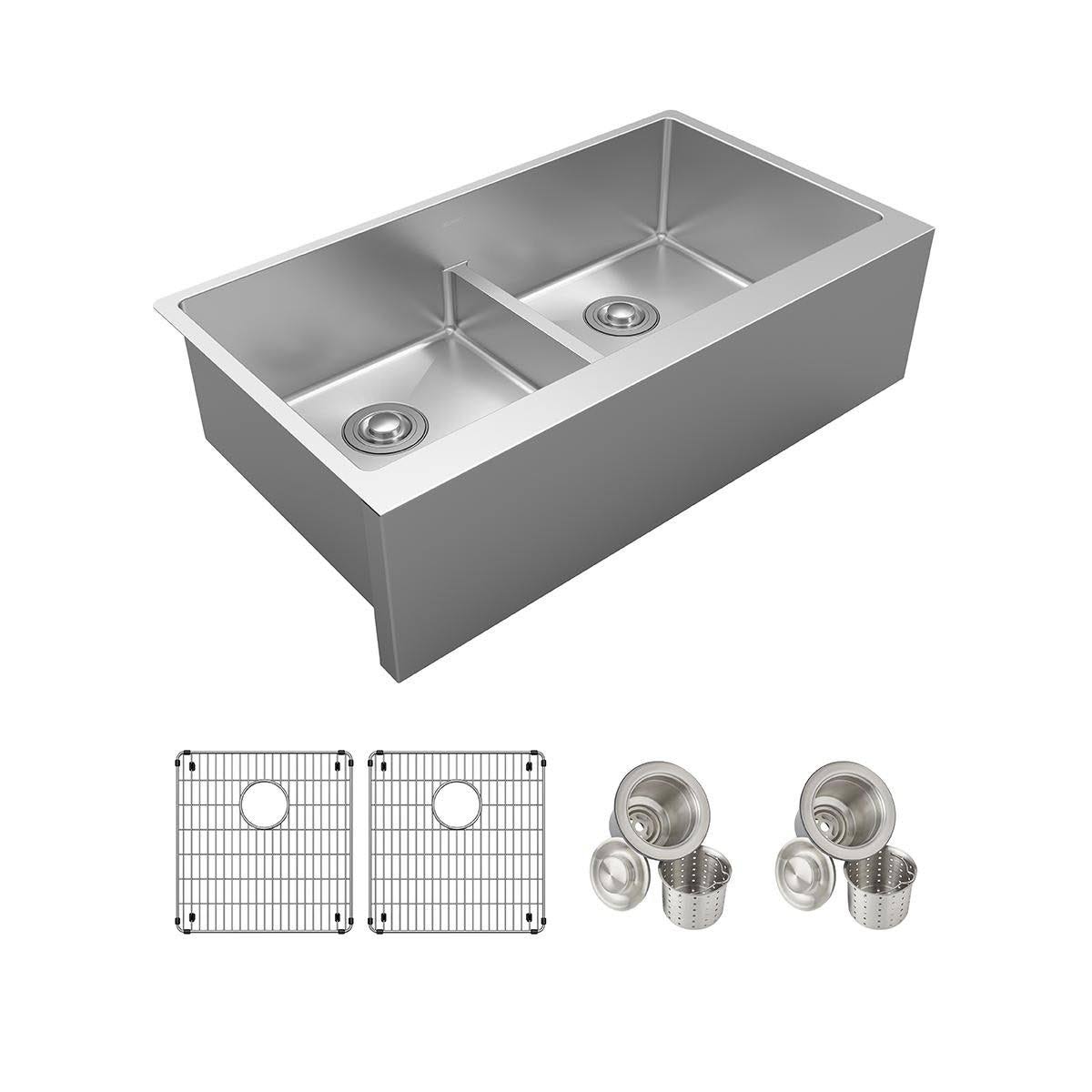 Elkay Crosstown Farmhouse Apron Front 35.875-in x 20.25-in Polished Satin Double Equal Bowl Kitchen Sink Stainless Steel | GQT5XM_A2EK Elkay Crosstown Farmhouse Apron Front 35.875-in x 20.25-in Polished Satin Double Equal Bowl Kitchen Sink Stainless Steel | GQT5XM_A2EK