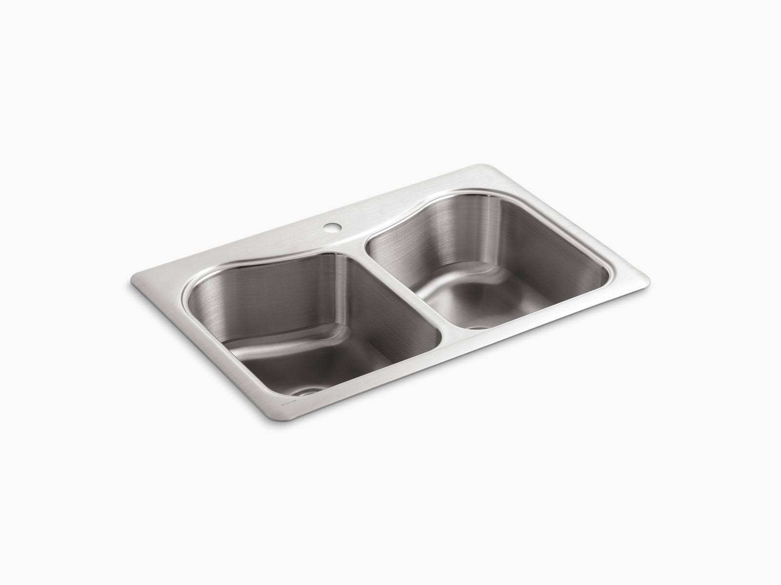 Staccato Top-Mount Double Bowl Kitchen Sink with Single Faucet Hole, Stainless Steel Kohler K-3369-1-O4MXUQ_ZXXB Staccato Top-Mount Double Bowl Kitchen Sink with Single Faucet Hole, Stainless Steel Kohler K-3369-1-O4MXUQ_ZXXB