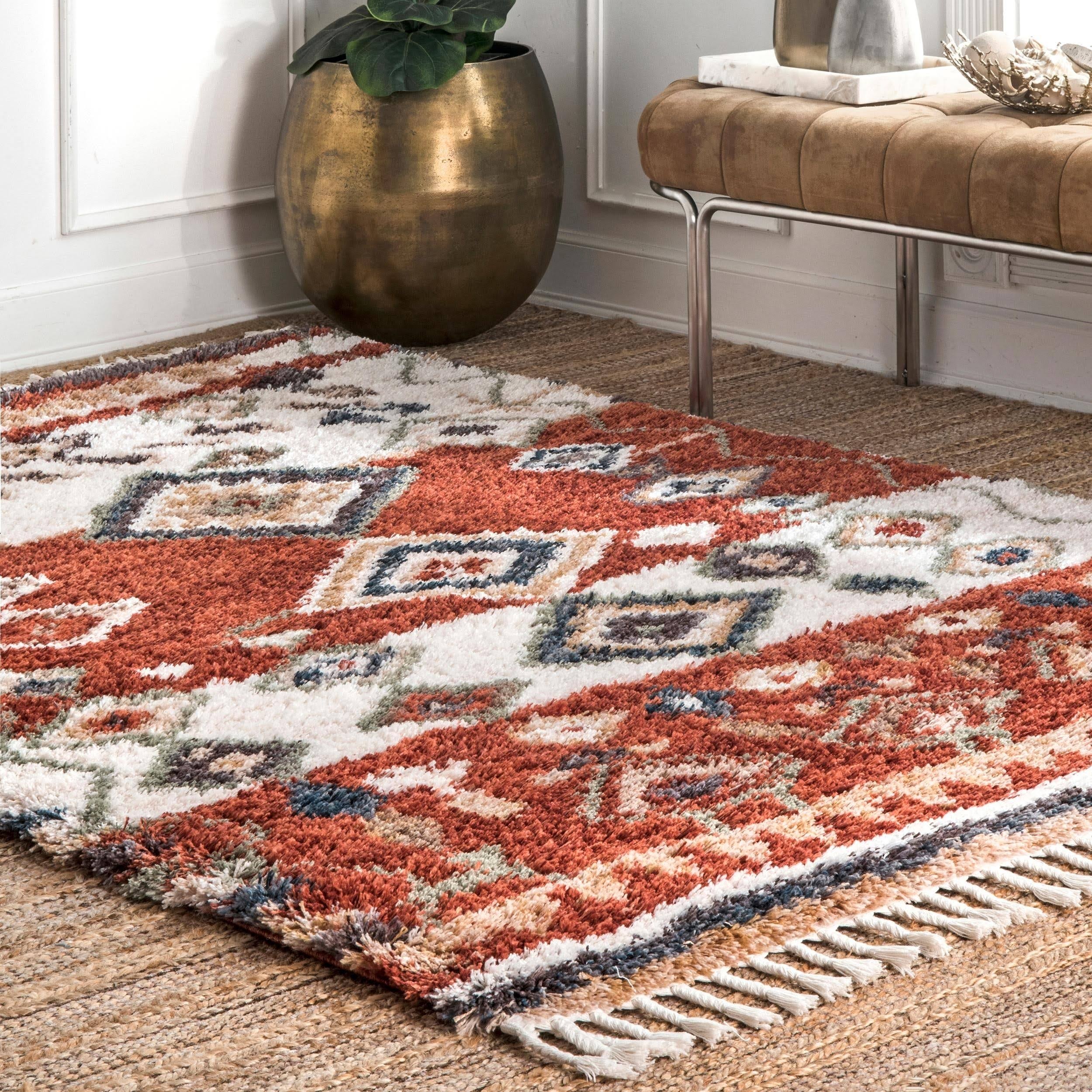 The Curated Nomad Redwood Transitional Southwestern Moroccan Lozenge Tassel Shag Area Rug - 5' 8UDUSK_123I The Curated Nomad Redwood Transitional Southwestern Moroccan Lozenge Tassel Shag Area Rug - 5' 8UDUSK_123I