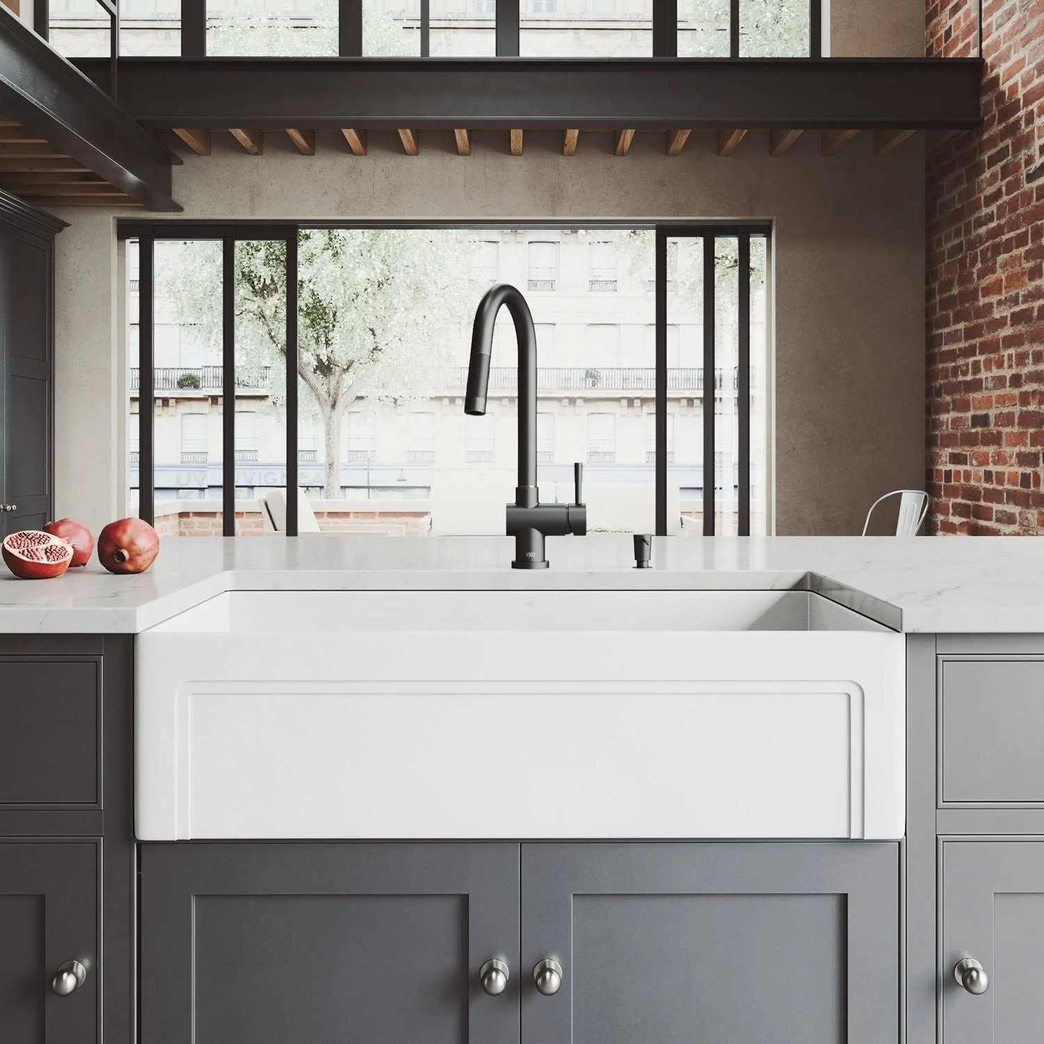 Vigo VG15508 36 in. Casement Front Matte Stone Farmhouse Kitchen Sink Set with Gramercy Faucet in Matte Black, STRAINER 7N2ZJU_FKUY Vigo VG15508 36 in. Casement Front Matte Stone Farmhouse Kitchen Sink Set with Gramercy Faucet in Matte Black, STRAINER 7N2ZJU_FKUY