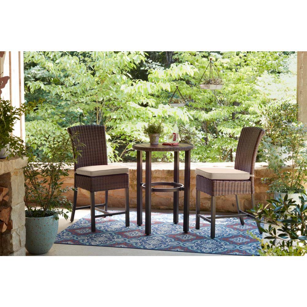 Hampton Bay Harper Creek 3-Piece Brown Steel Outdoor Patio Bar Height Dining Set with CushionGuard Putty Tan IIWNAB_QUPP Hampton Bay Harper Creek 3-Piece Brown Steel Outdoor Patio Bar Height Dining Set with CushionGuard Putty Tan IIWNAB_QUPP