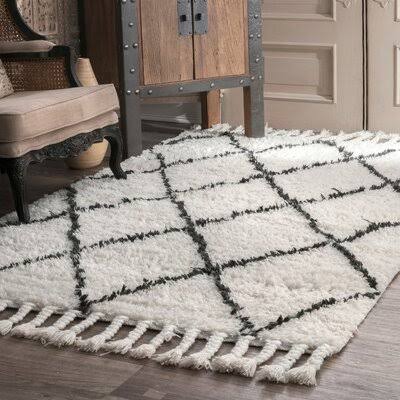 Twinar Geometric Hand Knotted Wool Off White/Dark Gray Area Rug Langley Street Rug Size Rectangle 5' x 8' ZSLJAK_L42B Twinar Geometric Hand Knotted Wool Off White/Dark Gray Area Rug Langley Street Rug Size Rectangle 5' x 8' ZSLJAK_L42B