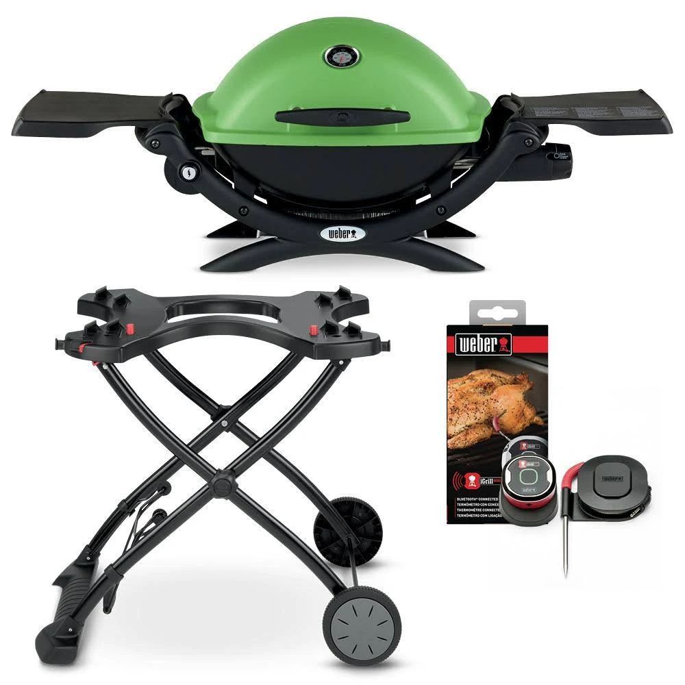 Weber Q 1200 1-Burner Portable Propane GAS Grill Combo in Green with Rolling Cart and iGrill S7V41N_W3ER Weber Q 1200 1-Burner Portable Propane GAS Grill Combo in Green with Rolling Cart and iGrill S7V41N_W3ER