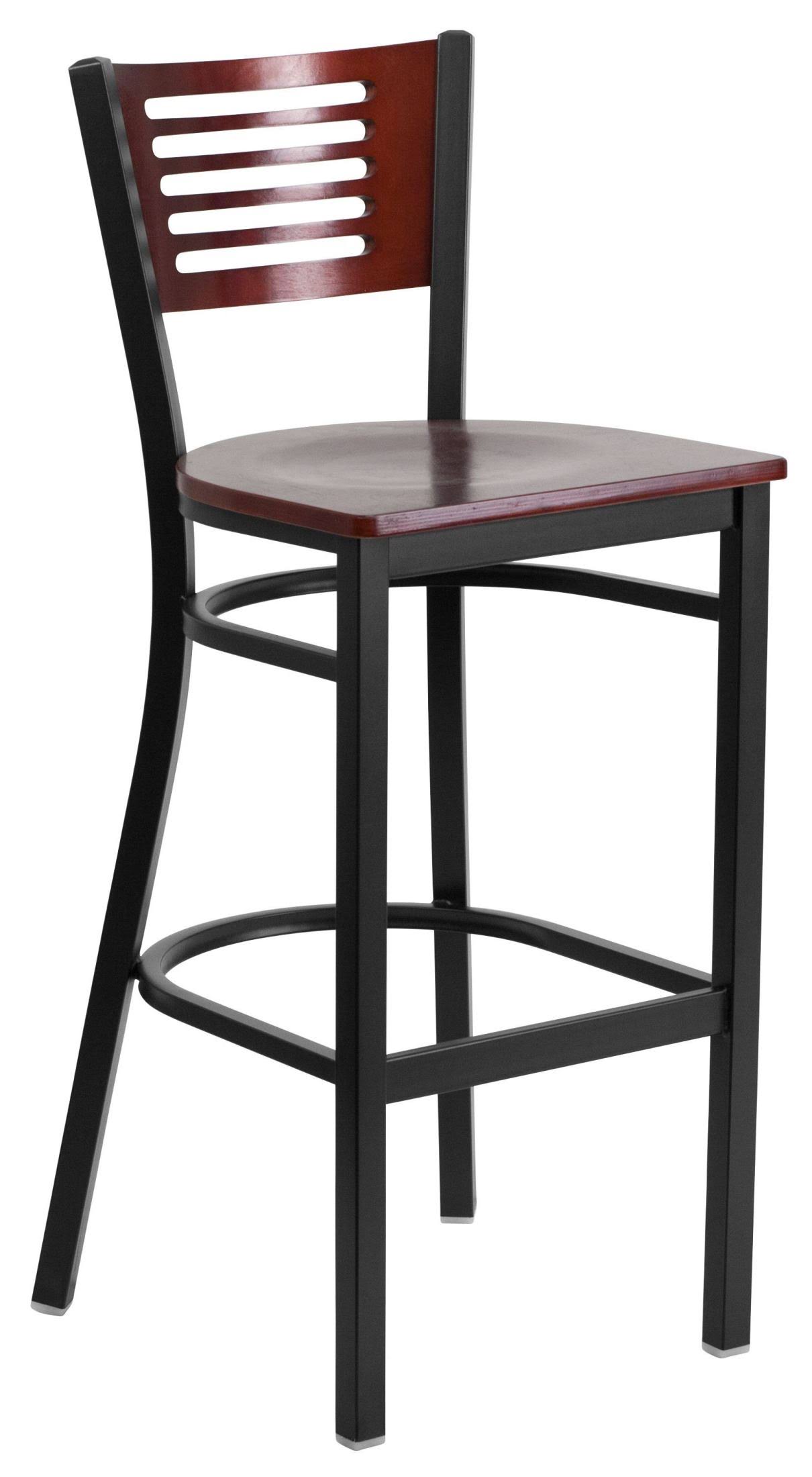 Hercules Series Black Slat Back Metal Restaurant Barstool - Mahogany Wood Back Seat | Flash VGPYWF_1DIW