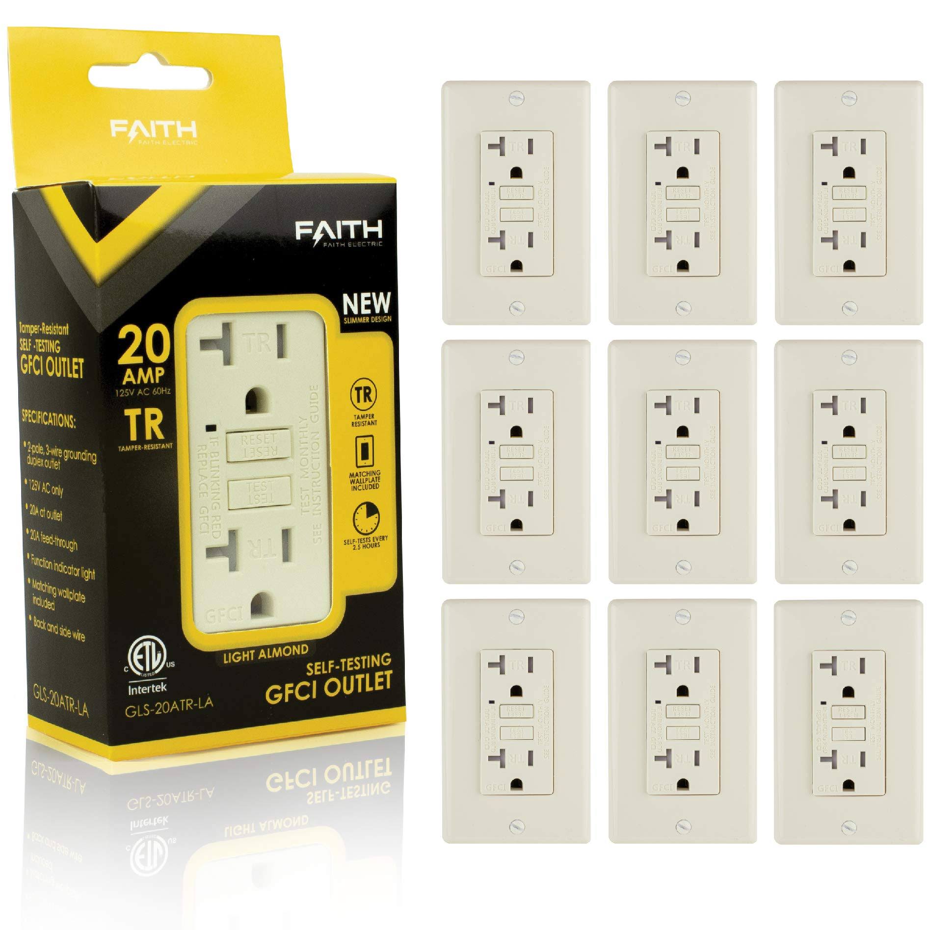 Faith 20A GFCI Outlets, Slim, Tamper-Resistant GFI Receptacles with Wall PLATE, LT Almond, 10-Pk, Size 10-8RBFHX_BJFF Faith 20A GFCI Outlets, Slim, Tamper-Resistant GFI Receptacles with Wall PLATE, LT Almond, 10-Pk, Size 10-8RBFHX_BJFF