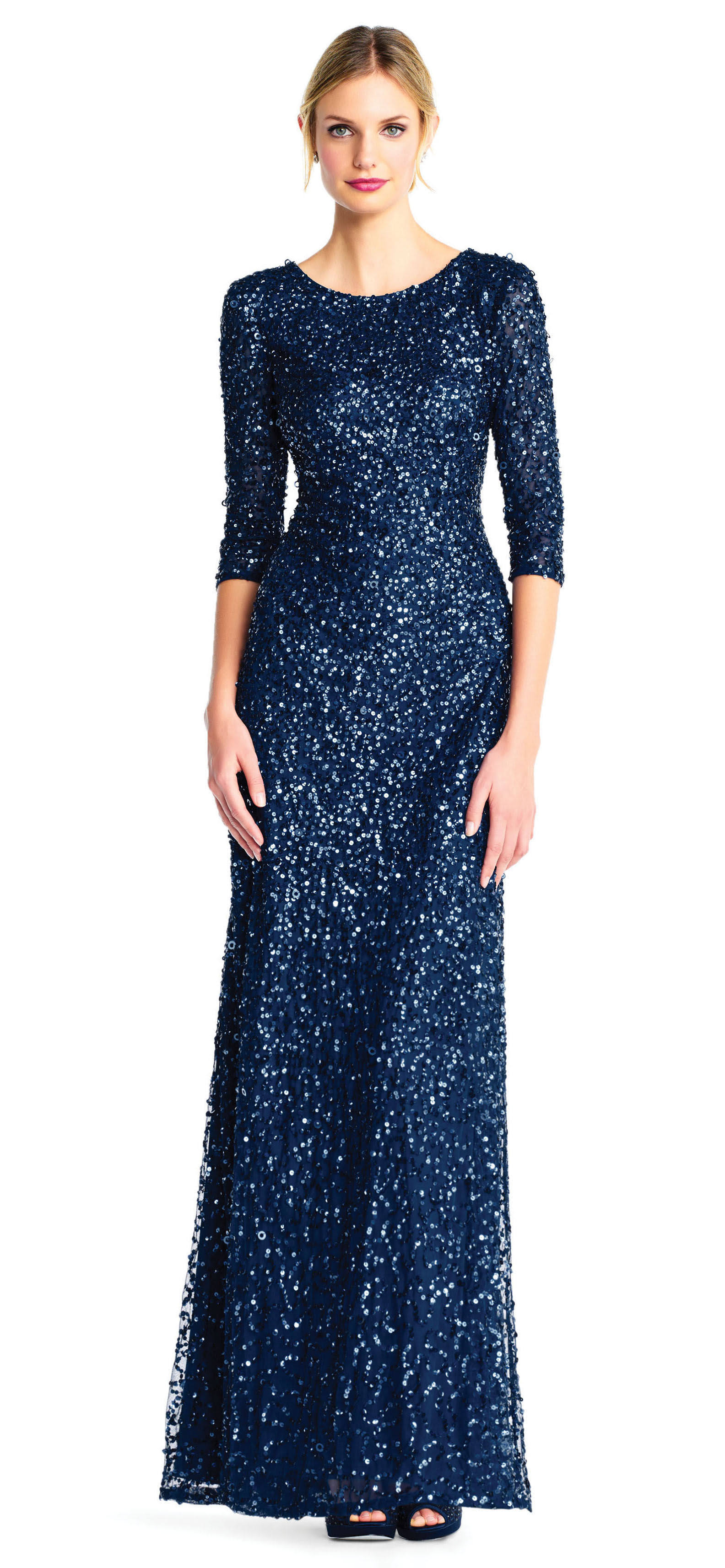 Adrianna Papell 3/4 Sleeve Sequin Beaded Column Gown - Deep Blue KFLPYS_5TLR Adrianna Papell 3/4 Sleeve Sequin Beaded Column Gown - Deep Blue KFLPYS_5TLR