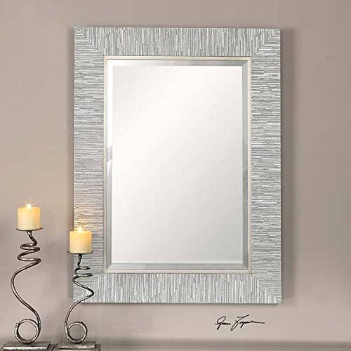Zinc Decor Blue Gray Silver Striped Wood Wall Mirror Rectangular Coastal Beach Modern VLOMS1_GVRL