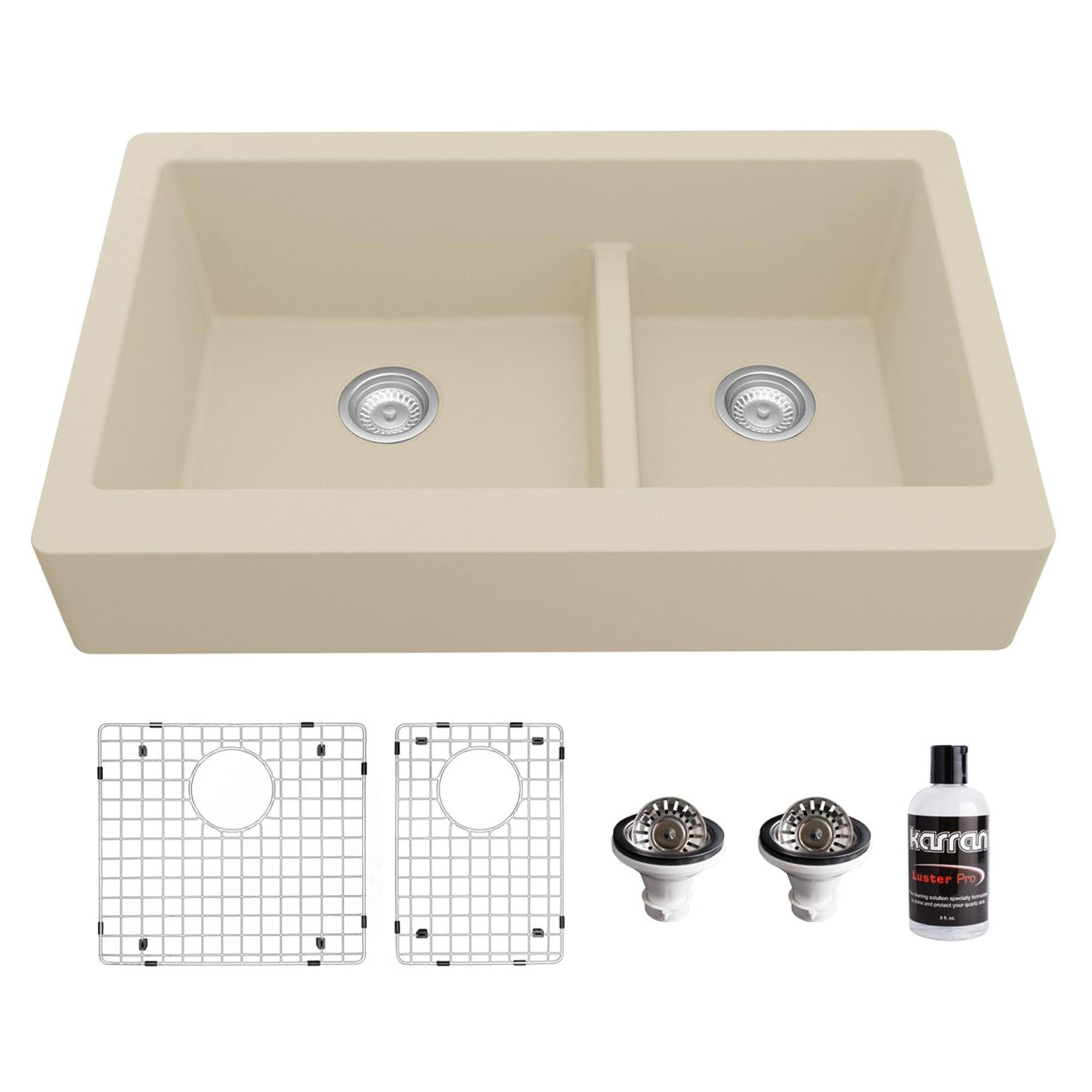 Karran Quartz Farmhouse Apron Front 34-in x 21.25-in Bisque Double Offset Bowl Kitchen Sink in Yellow | QAR-760-BI-ICEOO7_0IX3 Karran Quartz Farmhouse Apron Front 34-in x 21.25-in Bisque Double Offset Bowl Kitchen Sink in Yellow | QAR-760-BI-ICEOO7_0IX3
