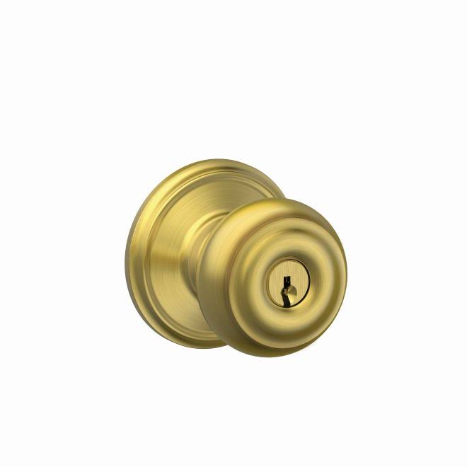 Schlage Residential F51A Geo 608 Georgian Knob Keyed Entry Lock C Keyway with 16211 Latch and 10063 Strike Satin Brass BNYYLS_DSME Schlage Residential F51A Geo 608 Georgian Knob Keyed Entry Lock C Keyway with 16211 Latch and 10063 Strike Satin Brass BNYYLS_DSME