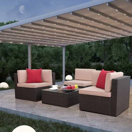 Lacoo 4 Pieces Patio Rattan Sectional Set Outdoor Conversation Set with Chushions and Table, TDK5WG_ZJ6X Lacoo 4 Pieces Patio Rattan Sectional Set Outdoor Conversation Set with Chushions and Table, TDK5WG_ZJ6X