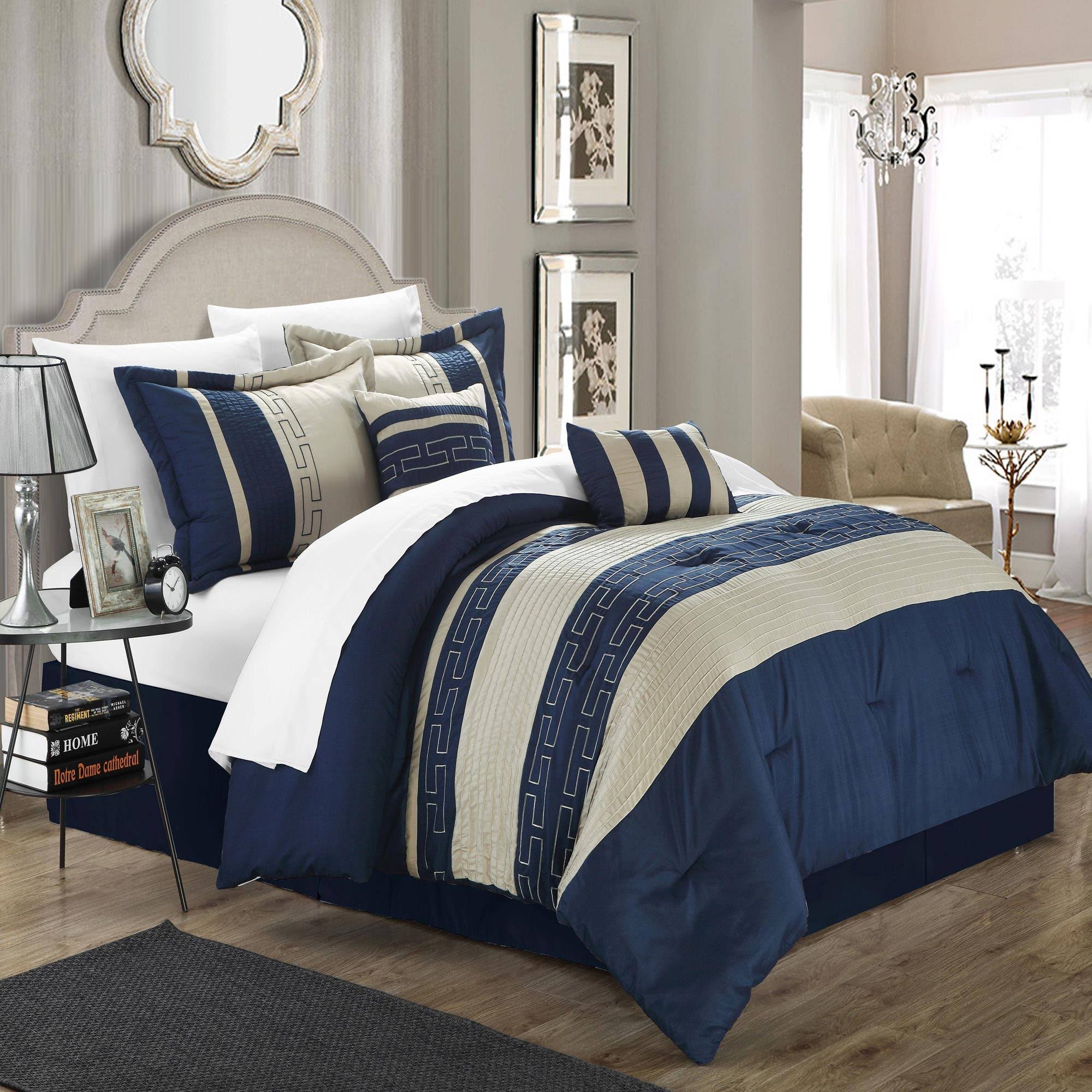 Carlton Navy Almond Queen 10 Piece Comforter Bed in A Bag 6KWRGF_F4NR