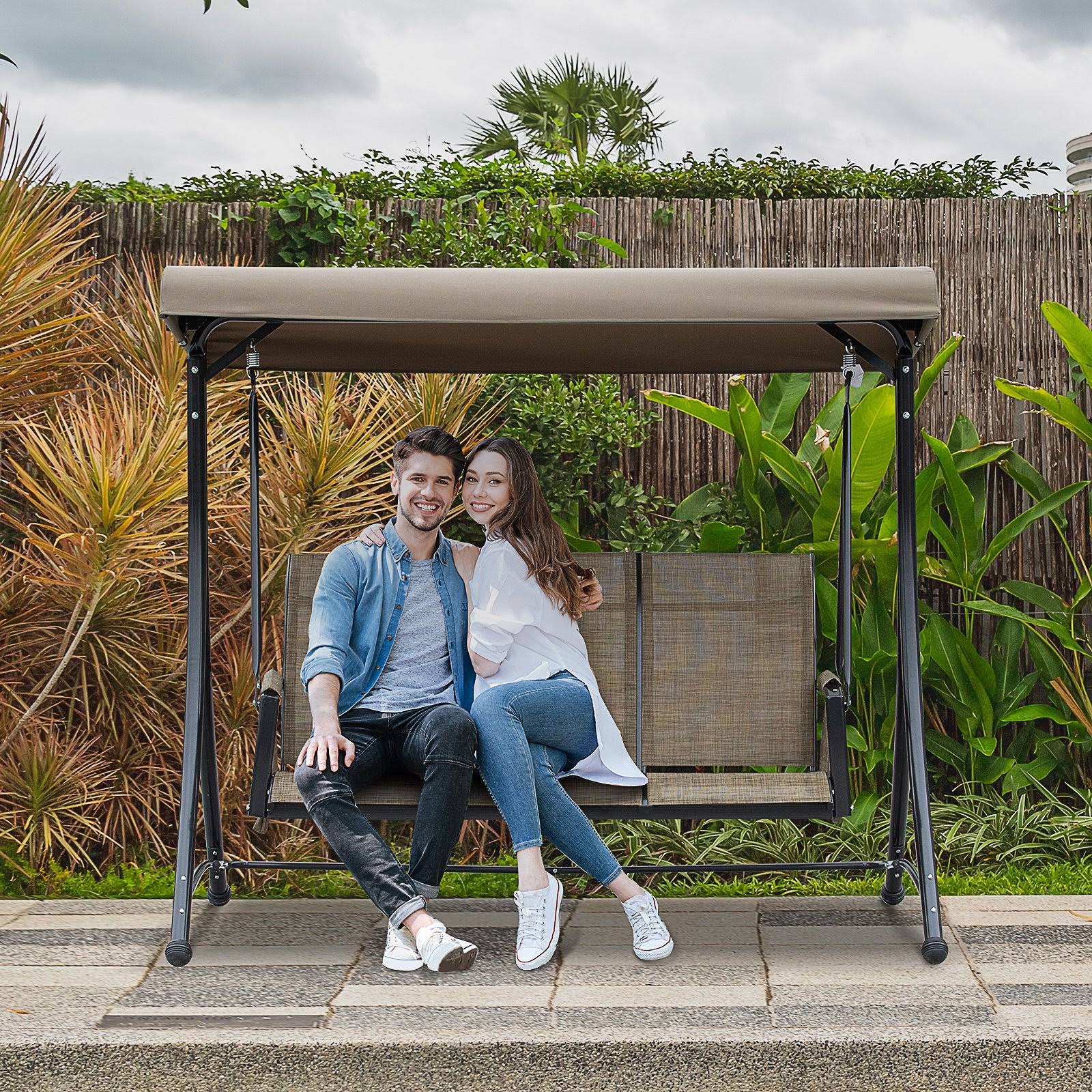Outsunny 3 Person Steel Outdoor Patio Porch Swing Chair with Adjustable Canopy A Sling Mesh Seat - 6CCCMU_ARVN Outsunny 3 Person Steel Outdoor Patio Porch Swing Chair with Adjustable Canopy A Sling Mesh Seat - 6CCCMU_ARVN