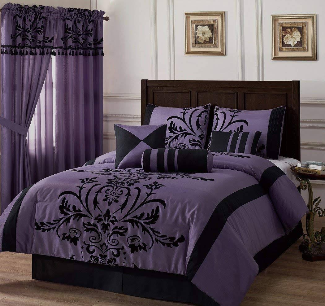 Chezmoi Collection Nobility-Com 7-Piece Black Violet Flocked Floral Faux Silk Bedding Comforter Set (Queen) RSJ1U2_KCTI Chezmoi Collection Nobility-Com 7-Piece Black Violet Flocked Floral Faux Silk Bedding Comforter Set (Queen) RSJ1U2_KCTI