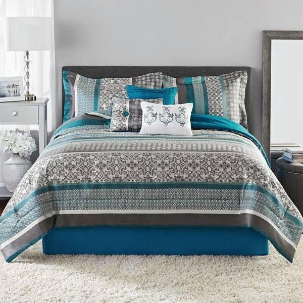 Mainstays Princeton Teal Stripe 7 Piece Comforter Bedding Set, Size M6AKXI_PJAT Mainstays Princeton Teal Stripe 7 Piece Comforter Bedding Set, Size M6AKXI_PJAT