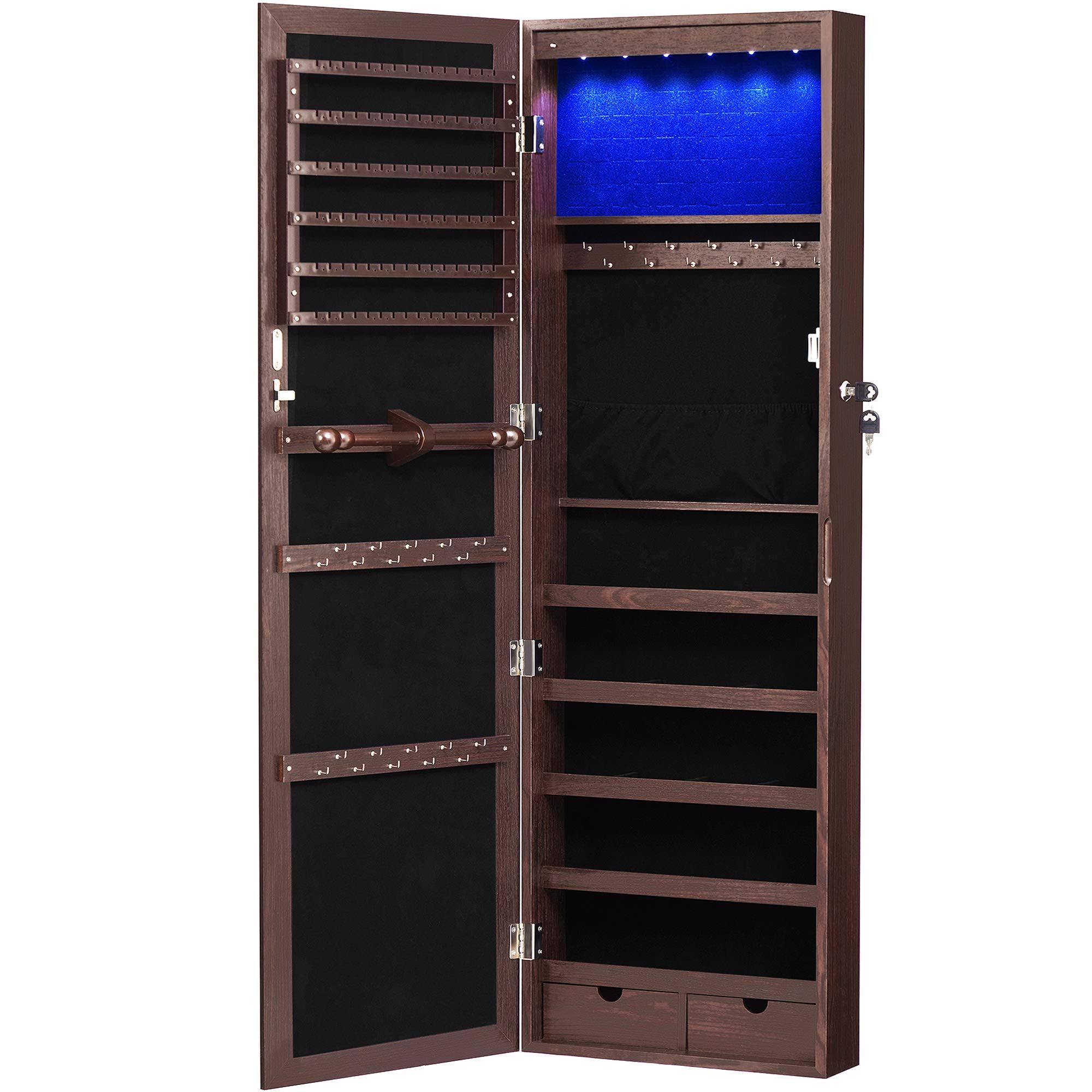 SONGMICS 6 LEDs Jewelry Cabinet Lockable Wall Door Mounted Jewelry Armoire Organizer with Mirror 2 Drawers Brown 2BFRL8_JHST SONGMICS 6 LEDs Jewelry Cabinet Lockable Wall Door Mounted Jewelry Armoire Organizer with Mirror 2 Drawers Brown 2BFRL8_JHST
