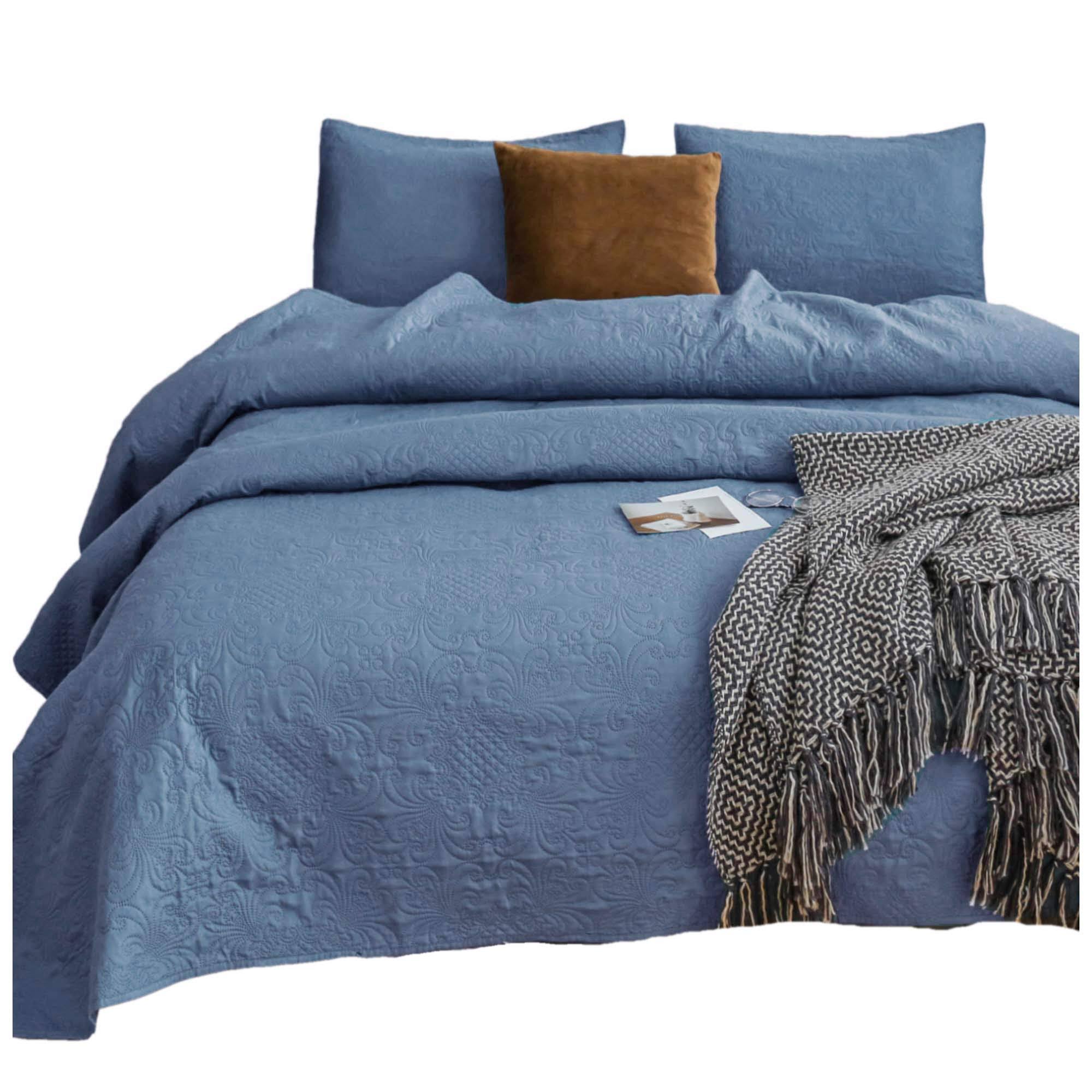 Kasentex Quilted Pre-Washed Bedspread Set with Luxury Microfiber Filling Oversized Queen + 2 Shams / Blue Turquoise (Floral P22B3W_I1QT