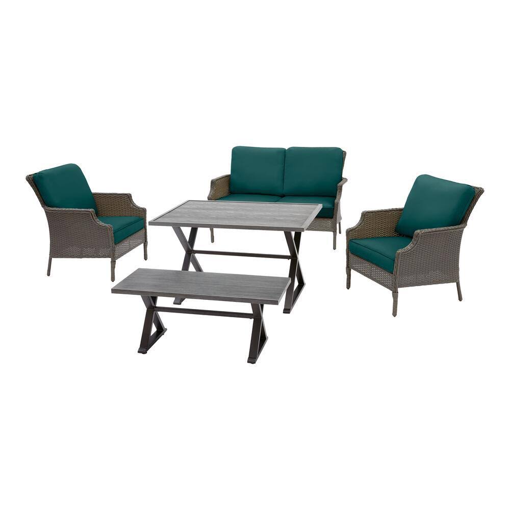 Hampton Bay Grayson 5-Piece Ash Gray Wicker Outdoor Patio Dining Set with CushionGuard Malachite Green SIGLXX_UWS5