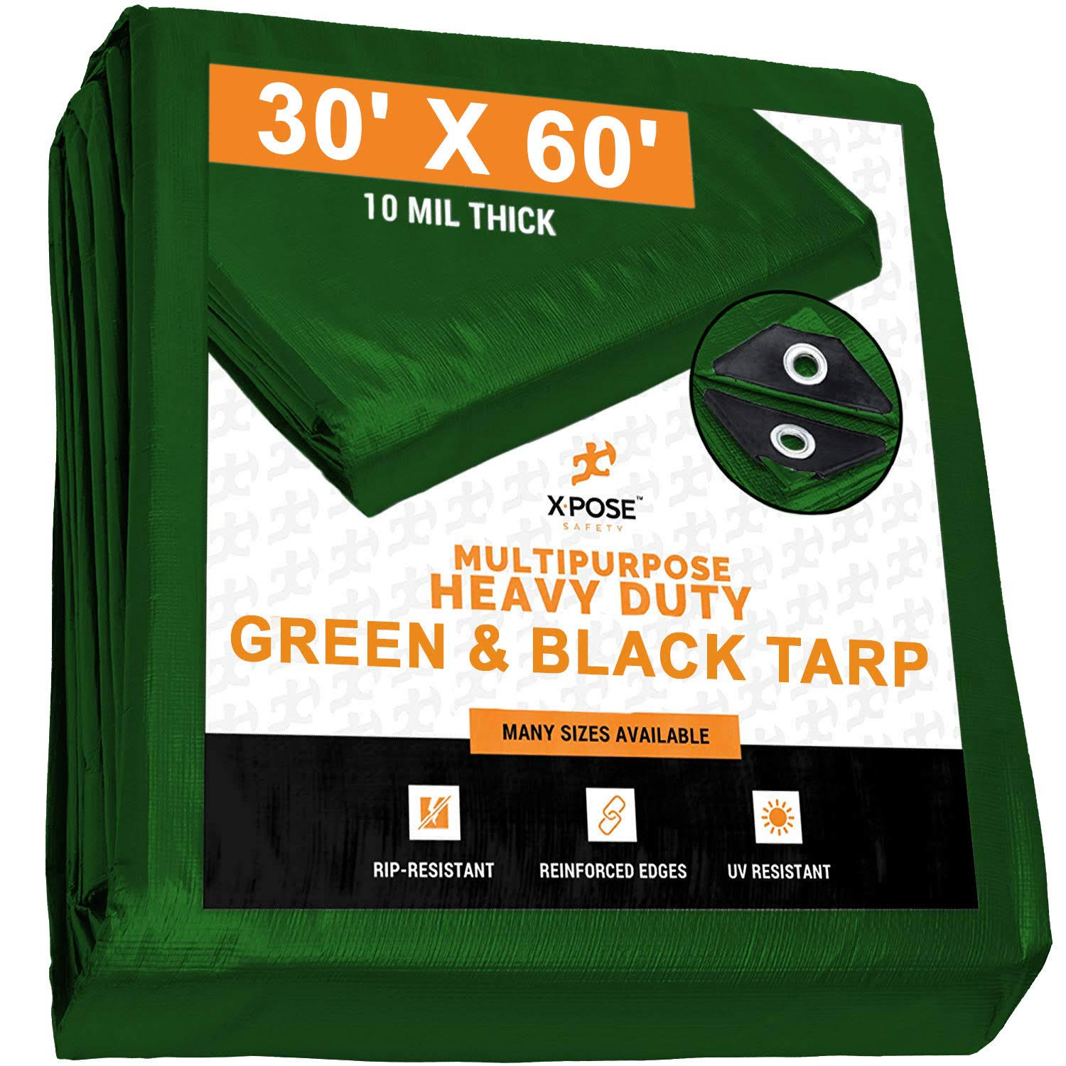 Xpose Safety Heavy Duty Poly Tarp 30 Feet x 60 Feet 10 Mil Thick Waterproof, UV Blocking Protective Cover - Reversible Green BPKBBM_RHPX Xpose Safety Heavy Duty Poly Tarp 30 Feet x 60 Feet 10 Mil Thick Waterproof, UV Blocking Protective Cover - Reversible Green BPKBBM_RHPX