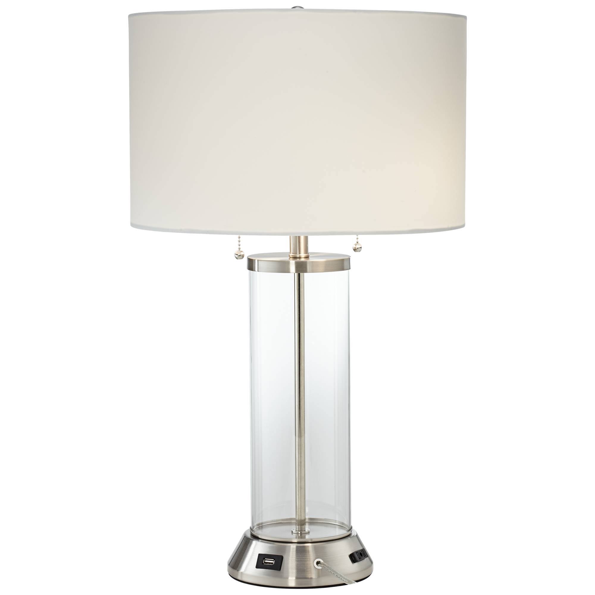 Possini Euro Design Coastal Table Lamp with USB and AC Power Outlet in Base Silver Clear Glass Column Drum Shade for Living WWPINS_6JQJ Possini Euro Design Coastal Table Lamp with USB and AC Power Outlet in Base Silver Clear Glass Column Drum Shade for Living WWPINS_6JQJ