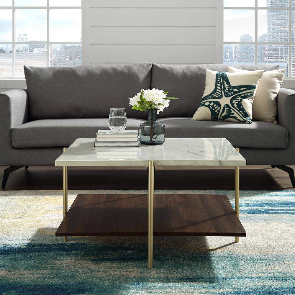 Walker Edison Furniture Company 32 in. White/Gold/Brown Medium Square Faux Marble Coffee Table with Shelf, Faux White Marble/JDSCXR_DA91 Walker Edison Furniture Company 32 in. White/Gold/Brown Medium Square Faux Marble Coffee Table with Shelf, Faux White Marble/JDSCXR_DA91