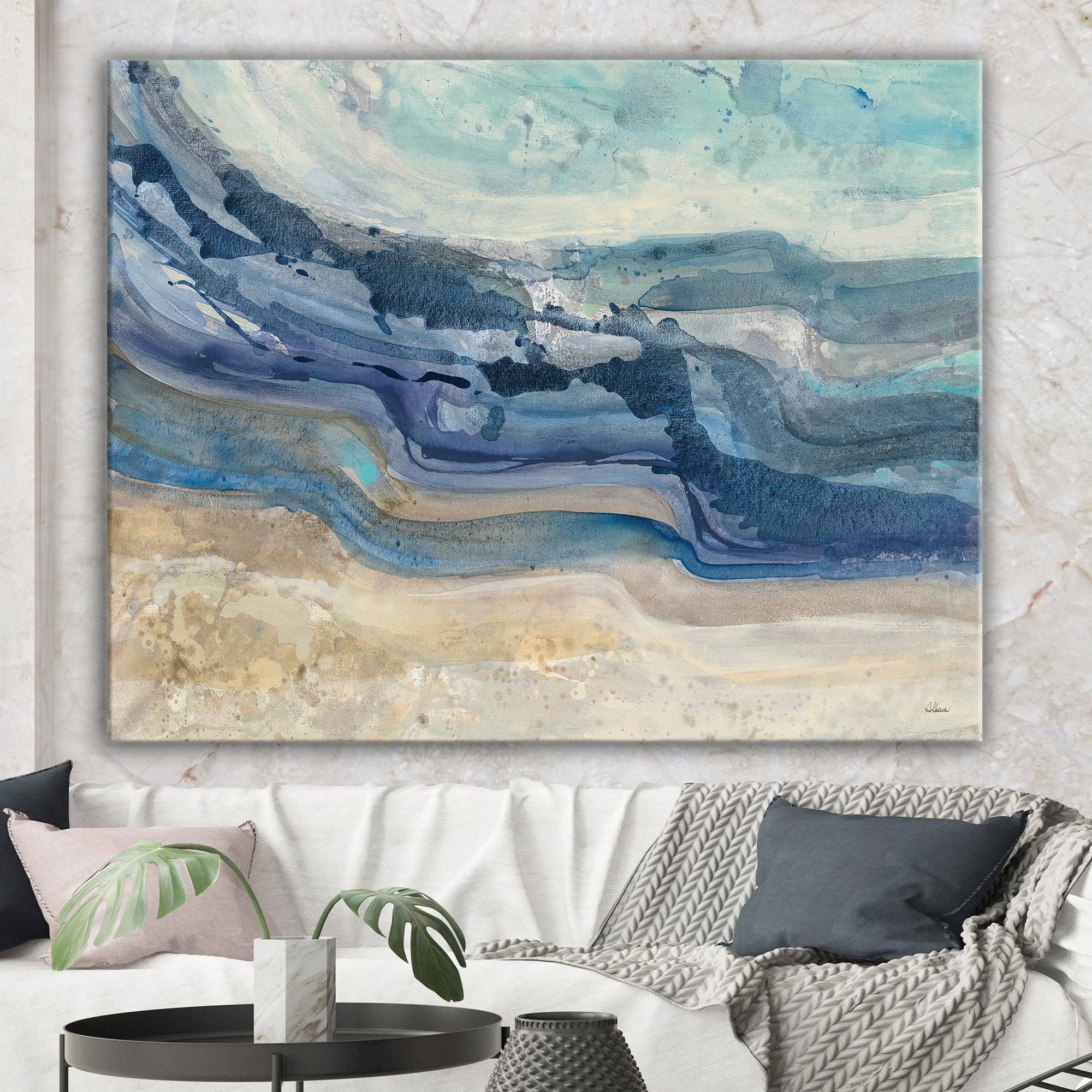 Designart 'Coast Blue Sea Waves Watercolour' Modern Farmhouse Canvas Art - 44 in. Wide x 34 in. SSUGND_HFGN