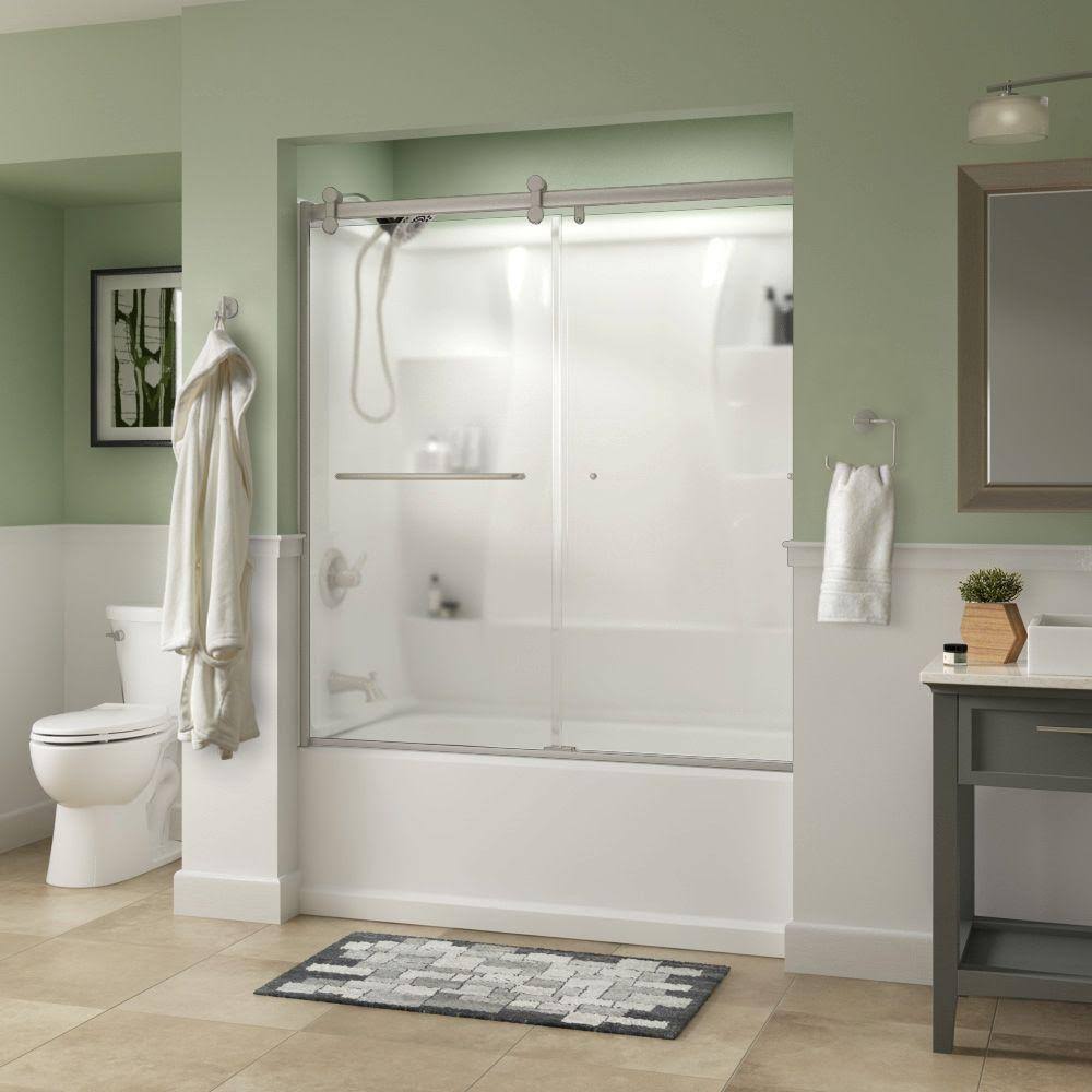 Delta Simplicity 60 x 58-3/4 in. Frameless Contemporary Sliding Bathtub Door in Nickel with Niebla Glass DJTW76_5SYN Delta Simplicity 60 x 58-3/4 in. Frameless Contemporary Sliding Bathtub Door in Nickel with Niebla Glass DJTW76_5SYN