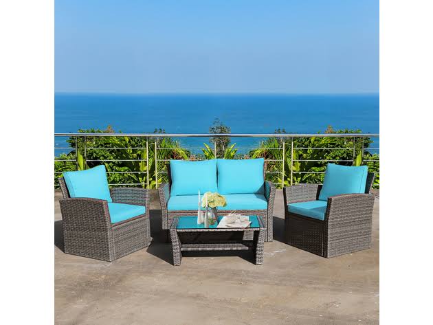 Costway 4 Piece Patio Rattan Furniture Set Sofa Table w/Storage Shelf Turquoise NS61F8_GGIM