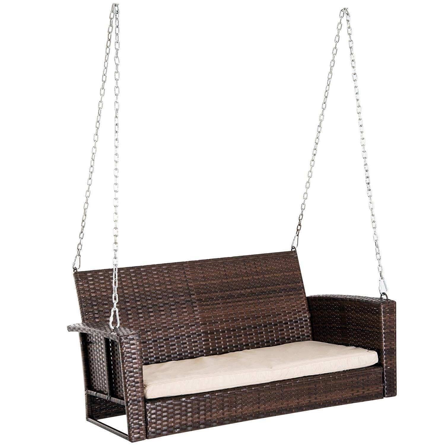 Outsunny 2-Person Outdoor Weather Resistant Hanging Wicker Porch Swing Chair with Cushion - Dark VDO85R_OA7V