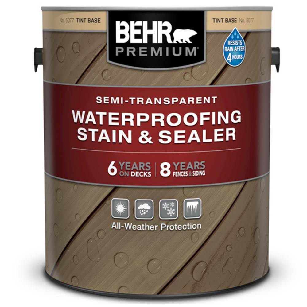 BEHR Premium 1 gal. White Base Semi-Transparent Waterproofing Exterior Wood Stain and Sealer, Tint ELNMKI_ZSUH BEHR Premium 1 gal. White Base Semi-Transparent Waterproofing Exterior Wood Stain and Sealer, Tint ELNMKI_ZSUH