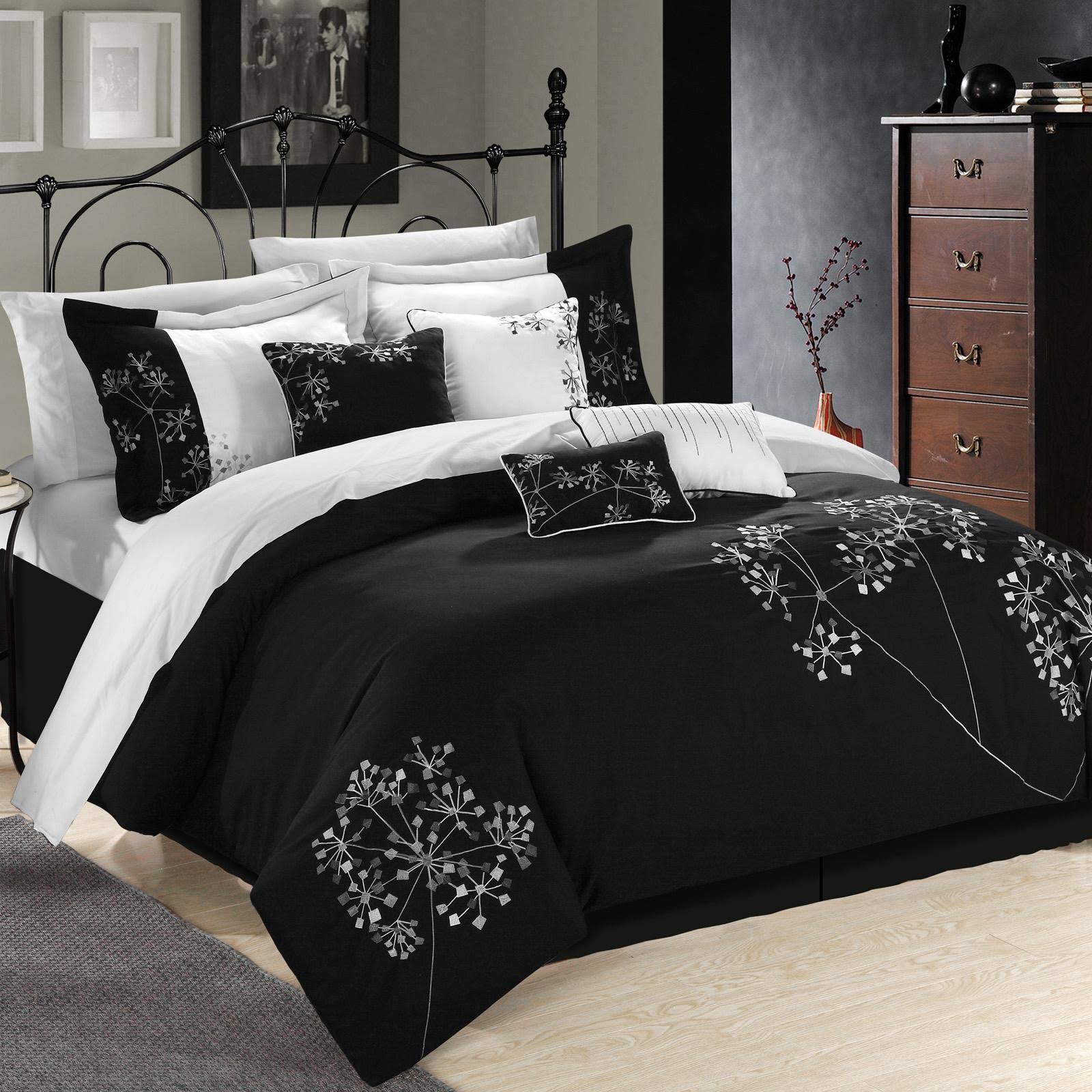 Chic Home Pink Floral 8-Piece Embroidered Comforter Set, Queen, Black/WW1MFZ_MZBR