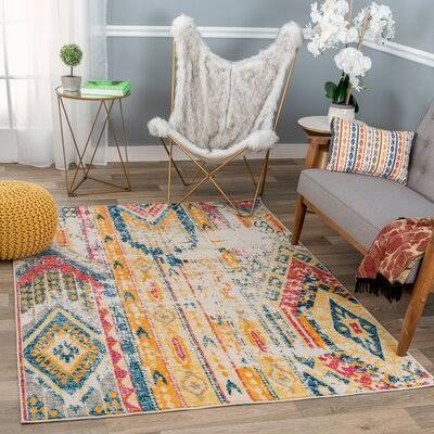 Ezzelina Power Loom Yellow/Blue/Red Area Rug Bungalow Rose Rug Size Rectangle 3'JMPLZ9_79AP Ezzelina Power Loom Yellow/Blue/Red Area Rug Bungalow Rose Rug Size Rectangle 3'JMPLZ9_79AP