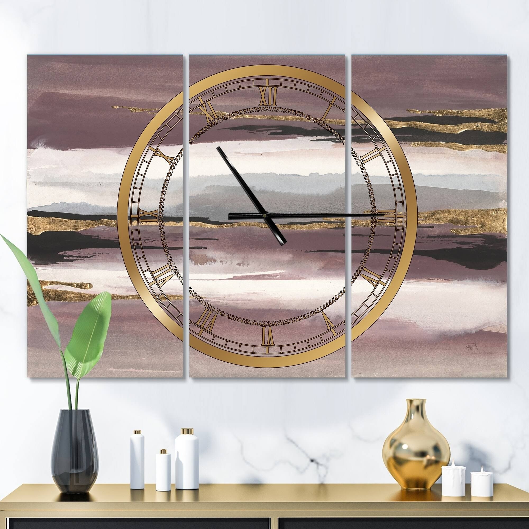 Designart 'Purple Glam Storm I' Glam 3 Panels Oversized Wall Clock - 36 in. Wide x 28 in. High - 3 GTTTRX_UYBQ Designart 'Purple Glam Storm I' Glam 3 Panels Oversized Wall Clock - 36 in. Wide x 28 in. High - 3 GTTTRX_UYBQ