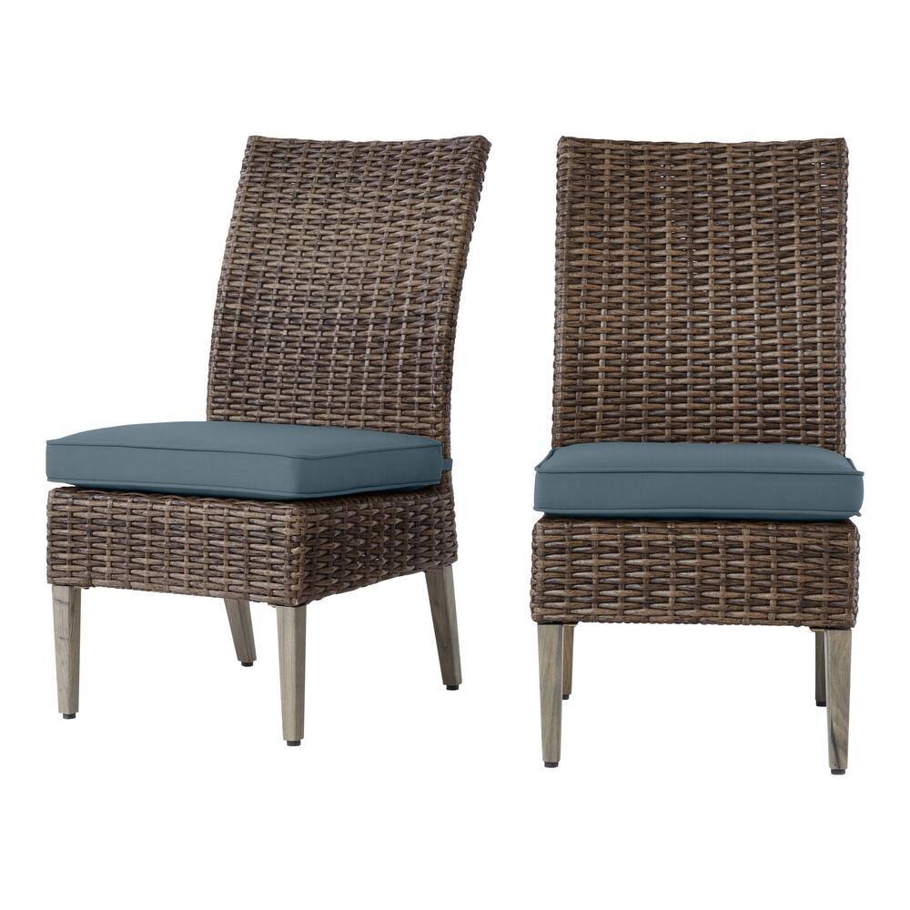 Hampton Bay Rock Cliff Brown Stationary Wicker Outdoor Patio Armless Dining Chair with Sunbrella Denim Blue Cushions (2-Pack) 3XGPBZ_LTNA Hampton Bay Rock Cliff Brown Stationary Wicker Outdoor Patio Armless Dining Chair with Sunbrella Denim Blue Cushions (2-Pack) 3XGPBZ_LTNA