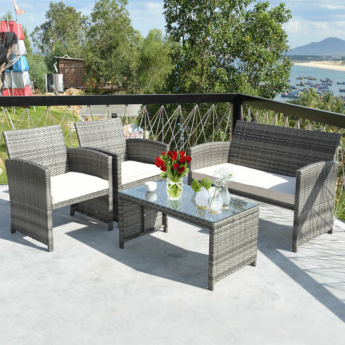 Costway 4 PC Rattan Patio Furniture Set Garden Lawn Sofa Cushioned Seat Mix Gray QTO3SC_JWR4 Costway 4 PC Rattan Patio Furniture Set Garden Lawn Sofa Cushioned Seat Mix Gray QTO3SC_JWR4