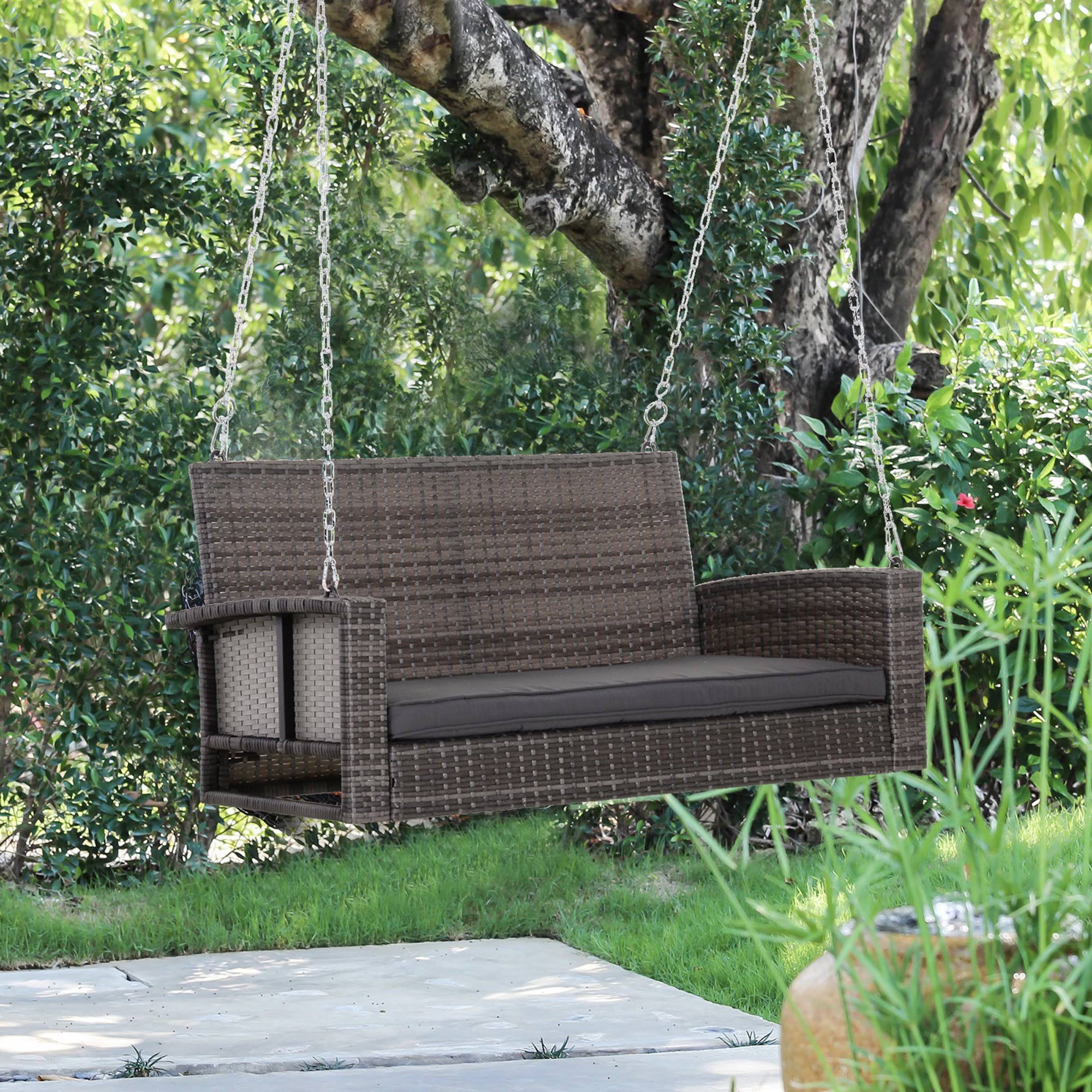 Outsunny 2-Person Outdoor Wicker Hanging Porch Swing Bench with Cushion NUXMRE_J1XS Outsunny 2-Person Outdoor Wicker Hanging Porch Swing Bench with Cushion NUXMRE_J1XS