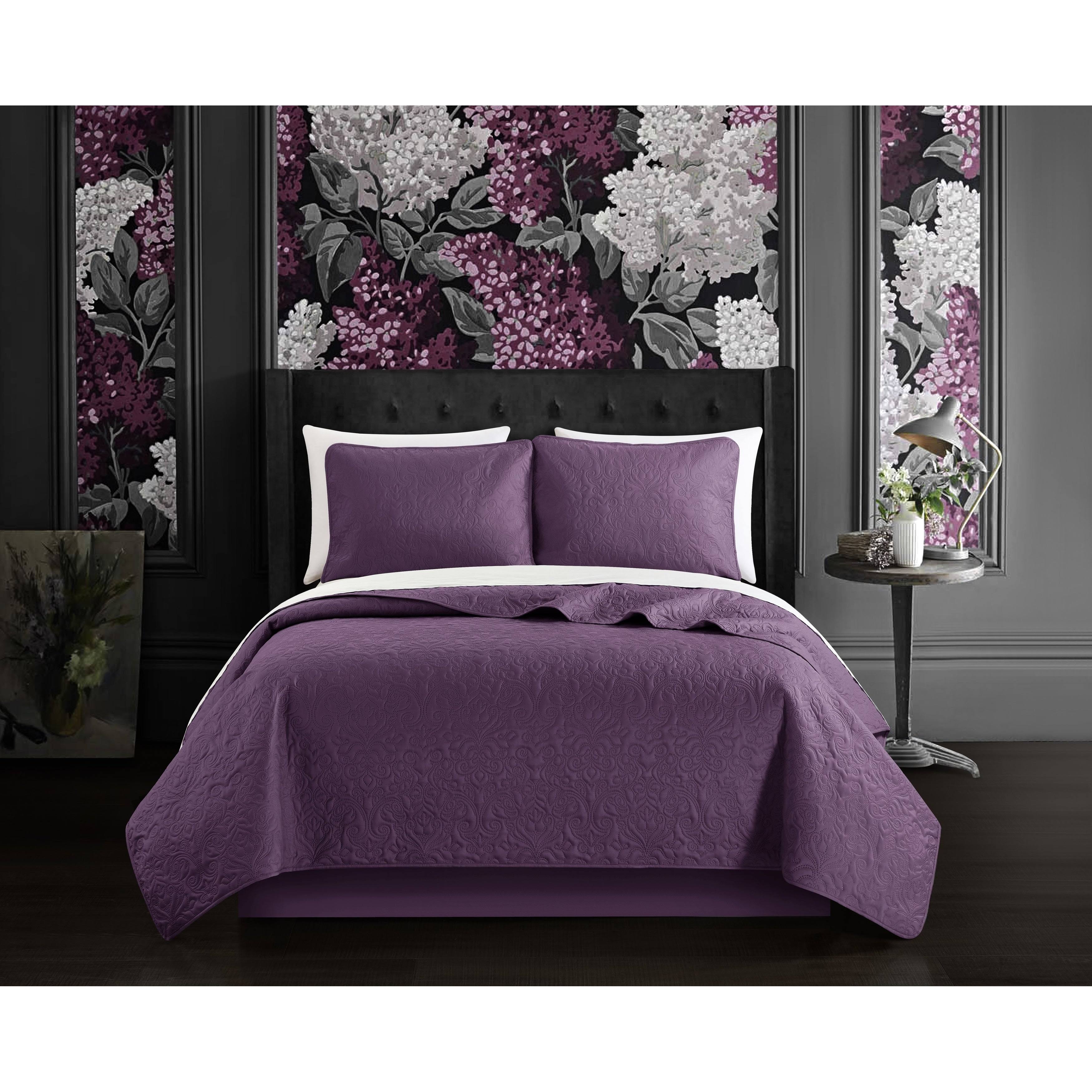 Chic Home Kora 3 Piece Floral Scroll Pattern Quilt Set - Purple - LAS91F_UNNJ Chic Home Kora 3 Piece Floral Scroll Pattern Quilt Set - Purple - LAS91F_UNNJ