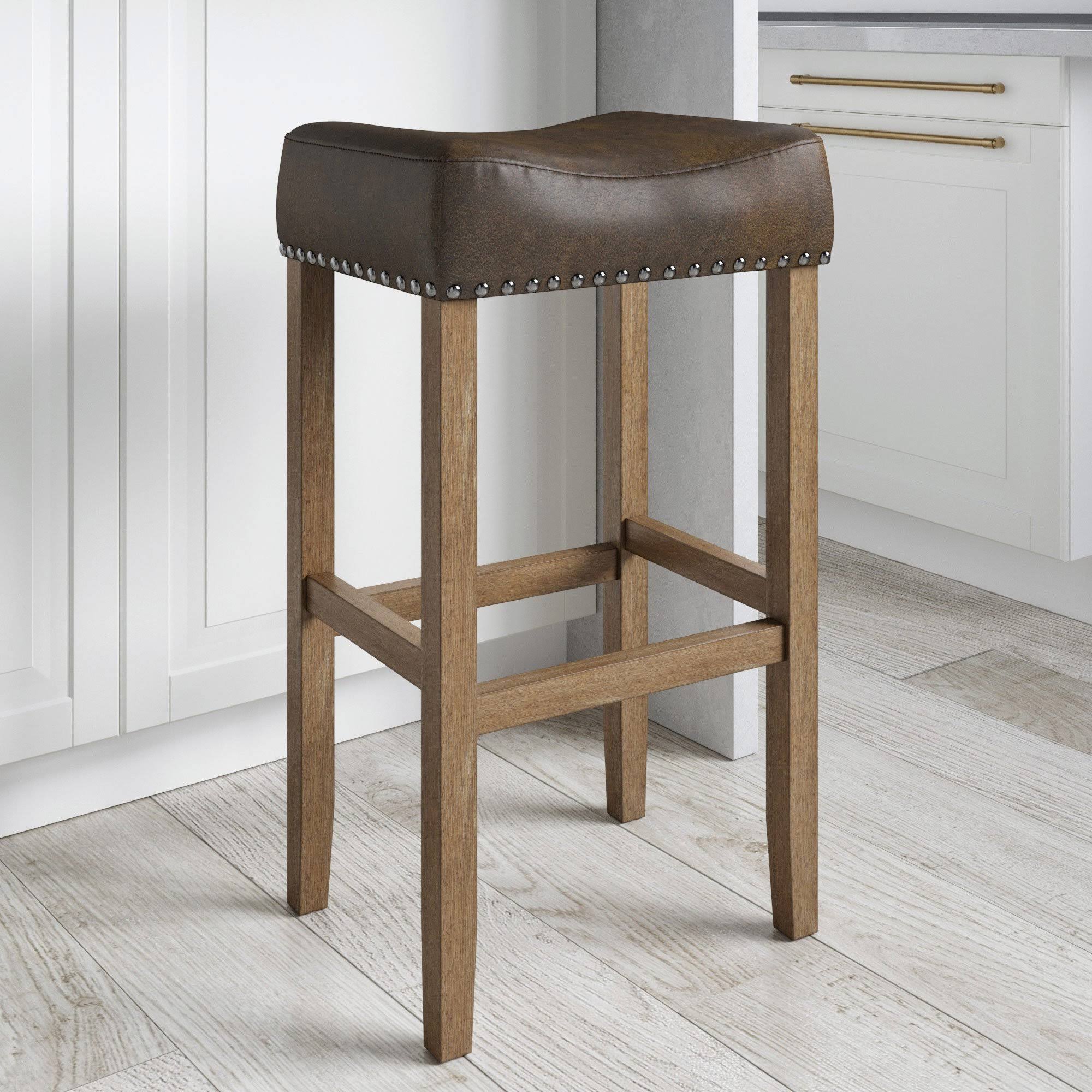Nathan James Hylie Nailhead Wood Pub-Height Counter Bar Stool 29 inch Dark Brown Fabric Cushion Light Brown DS14VN_SIXC