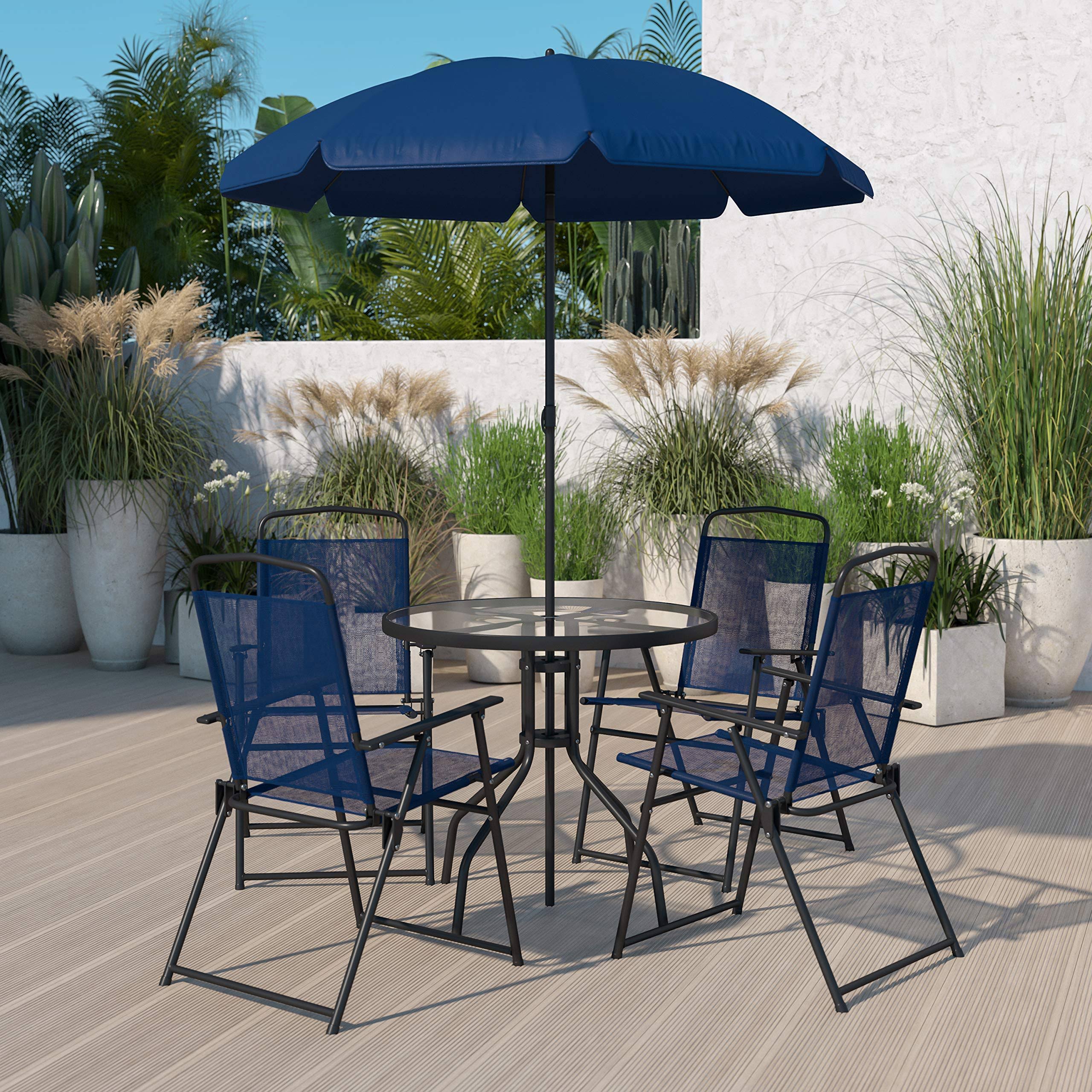 Nantucket 6 Piece Navy Patio Garden Set with Umbrella Table and Set of 4 Folding RUV7IT_ORMP Nantucket 6 Piece Navy Patio Garden Set with Umbrella Table and Set of 4 Folding RUV7IT_ORMP
