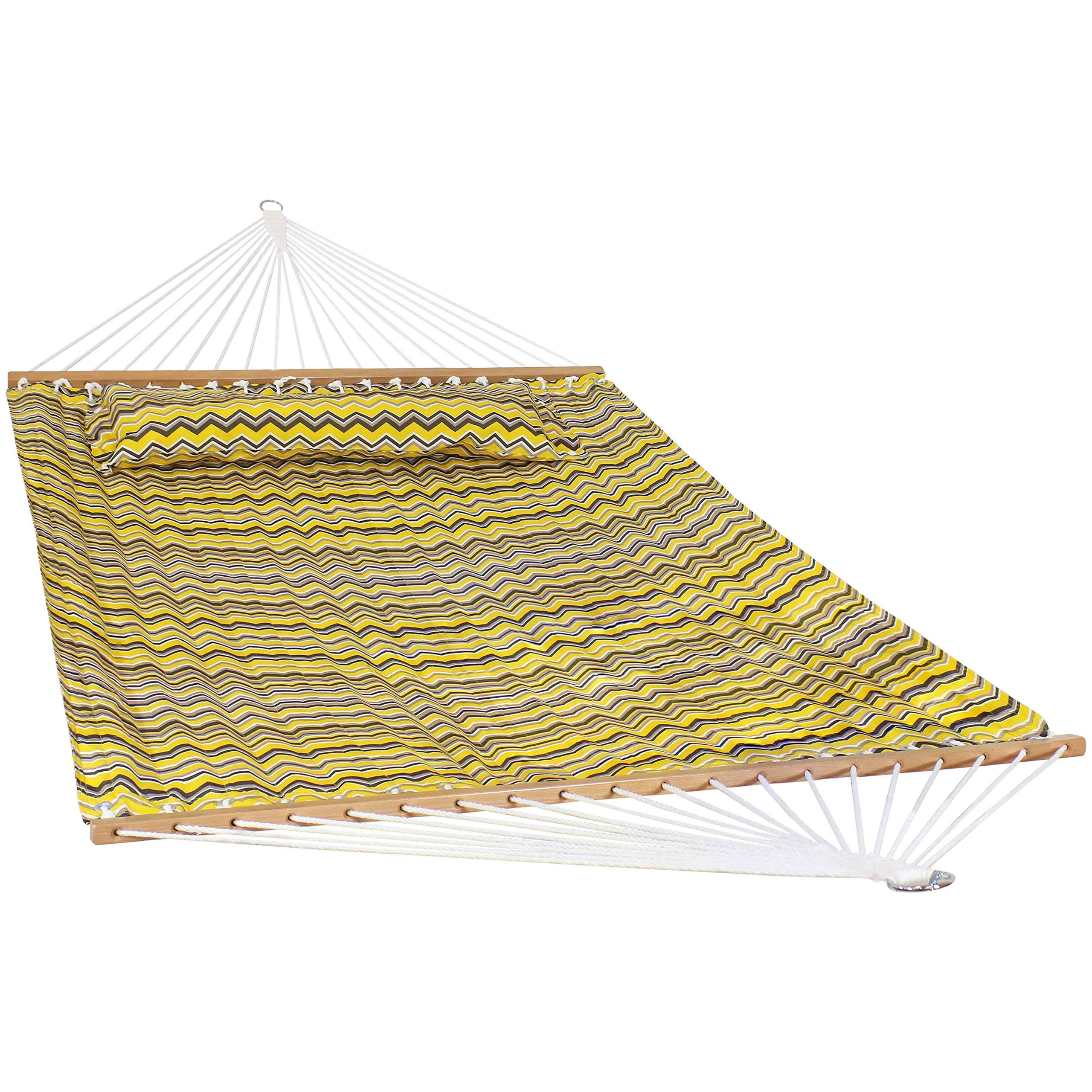 Sunnydaze 2-Person Fabric Spreader Bar Hammock and Pillow - Yellow Gray PVEFCL_QMWN Sunnydaze 2-Person Fabric Spreader Bar Hammock and Pillow - Yellow Gray PVEFCL_QMWN